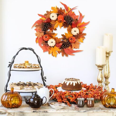 Fall Wreaths for Front Door, hogardeck 20" Fall Wreath with Pumpkins, Berries, Sunflowers, Artificial Maple Leaves & Pine Cones, Autumn Fall Decorations for Home, Window, Wall, Thanksgiving Decor in Saudi Arabia