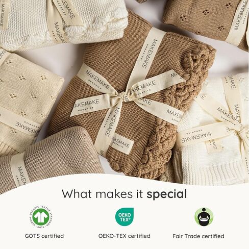 MakeMake Organics بطانية أطفال عضوية معتمدة من GOTS، بطانية أطفال من القطن العضوي لحديثي الولادة، بطانية متماسكة حديثة قابلة للتنفس للجنسين، بطانية لعربة الأطفال (30 × 40، بيج) in Kuwait