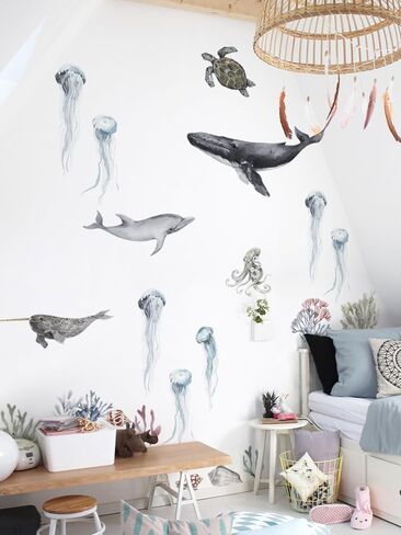 Large Fish Wall Decals Peel and Stick, Watercolor Nursery Ocean Animals Wall Stickers, Under The Sea Wall Decal Stickers for Kids Room Bedroom Playroom Room Decor, Ocean Animals Set 1 in Kuwait
