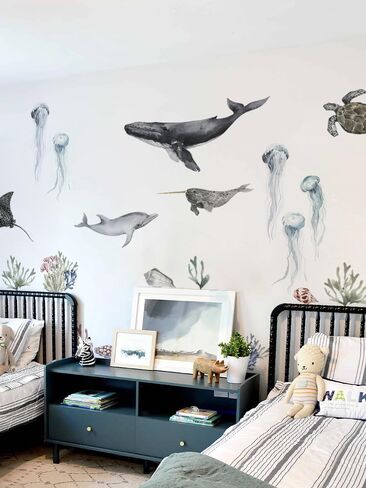 Large Fish Wall Decals Peel and Stick, Watercolor Nursery Ocean Animals Wall Stickers, Under The Sea Wall Decal Stickers for Kids Room Bedroom Playroom Room Decor, Ocean Animals Set 1 in Kuwait