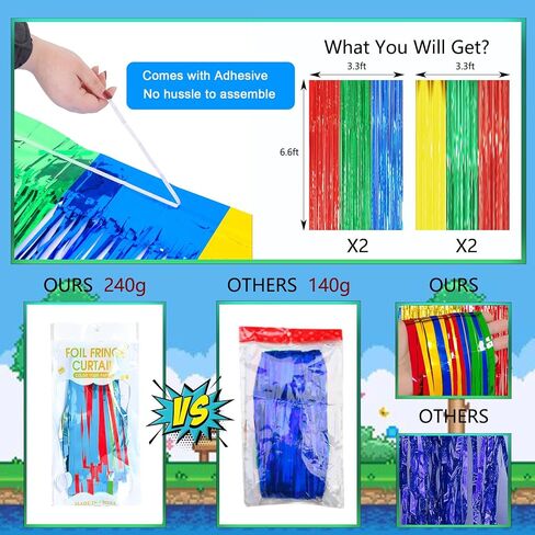 Super Bros Birthday Party Decoration, 2 Pack Red Green Blue Yellow 3.3 x 6.6ft Foil Fringe Curtains Tinsel Photo Booth Props Streamers Backdrop for Video Game Mario Theme Birthday Party Supplies in Saudi Arabia