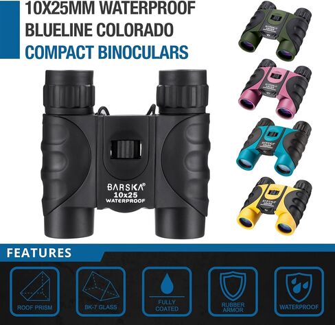 Barska 10x25 Waterproof Binoculars – Compact Blue Binoculars for Bird Watching, Hiking & Sightseeing – BK-7 Roof Prism, Fully Coated Optics, Fogproof, Rubber Armored in Saudi Arabia