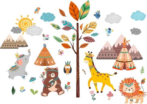 Jungle Animals Wall Decals Safari Animal Tree Mountains Wall Stickers Forest Animal Elephant Giraffe Lion Bear Peel and Stick Wall Art Decor for Baby Nursery Kids Bedroom Playroom Classroom in Saudi Arabia