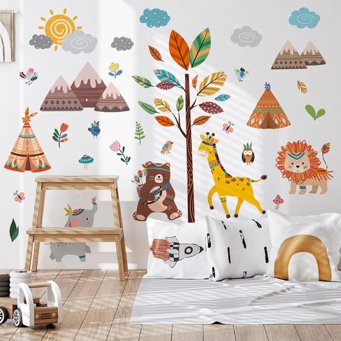 Jungle Animals Wall Decals Safari Animal Tree Mountains Wall Stickers Forest Animal Elephant Giraffe Lion Bear Peel and Stick Wall Art Decor for Baby Nursery Kids Bedroom Playroom Classroom in Saudi Arabia