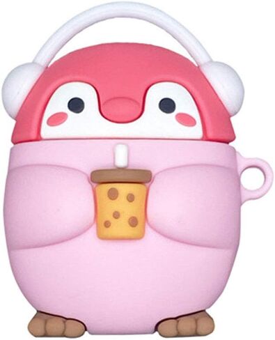 Earphone Case Compatible with AirPods 1/2, Super Cute Standing Headphone Penguin Baby with Milk Tea in Hand Case, Stylish Kawaii Soft Silicone Earbud Protection Skin -Black in Kuwait