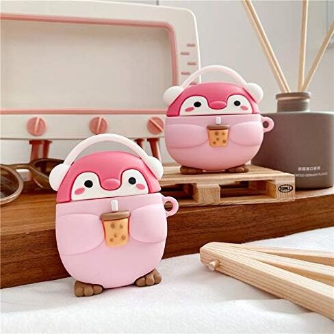 Earphone Case Compatible with AirPods 1/2, Super Cute Standing Headphone Penguin Baby with Milk Tea in Hand Case, Stylish Kawaii Soft Silicone Earbud Protection Skin -Black in Kuwait