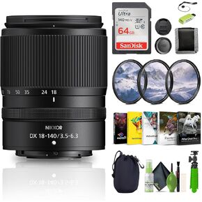 Nikon NIKKOR Z DX 18-140mm f/3.5-6.3 VR Compact Zoom Lens + Memory Card Wallet + 64GB Memory Card + Card Reader + 3 Piece Filter Kit + 12 Inch Flex Tripod + Photo Editing Software + More (Renewed)