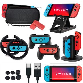 TALK WORKS Super Combo Pack Accessories for Nintendo Switch - 2 Grips, 2 Wheel Controller Grips, 2 Game Card Holders, 1 Charging Dock, Thumb Grips, USB-C Cable, Switch Stand, Screen Protector
