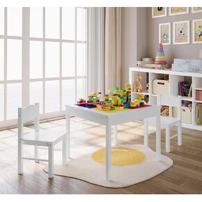 4NM 3 in 1 Kids Play Table and 2 Chair Set with Storage,Compatible with Lego and Duplo Bricks Activity Toddler Table Chair, Wood Play Building Block Table for Toddlers Children - White