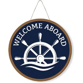 Nautical Welcome Aboard Anchor Sign Decor, Cruise Ocean Round Front Porch Door Decor, Sailboat Navy Blue Wall Hanging Decor, Boat Anchor Signs for Home House Outdoor Farmhouse, 12x12 Inch