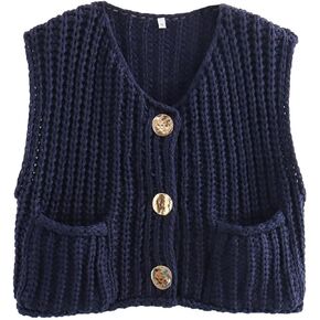 Womens Button Down Crop Sweater Vest Sleeveless Cable Knit Cropped Cardigan with Pockets(Beige-S)