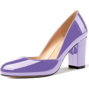 MODENCOCO Women's Slip On Patent Round Toe Block High Heel Pumps Wedding Dress Shoes 3.5 Inch