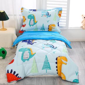 Wowelife Toddler Bedding Set Dinosaur for Boys, Premium 4 Piece Toddler Bed Set White Blue, Super Soft and Comfortable for Toddler