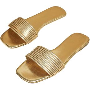 Verdusa Women's Square Toe Strappy Flat Sandals Slip On Metallic Sandals