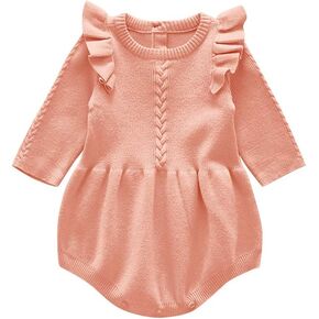 Baby Girl Sweater Dress Solid Color Long Sleeve Bubble Ruffle Romper Strips Winter Clothes Knitted Bodysuit Tulle Dresses 1st Thanksgiving Outfits Birthday Gift for Toddler Pink 3-6 Months