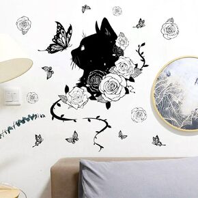 1 Set Halloween Wall Stickers Black Cat Wall Decals Cute Cat Flower Butterfly Removable Room Mural Stickers Cute Cartoon Animal Wall Decoration Decals Bedroom Living Room Office Wall Home Party Decor