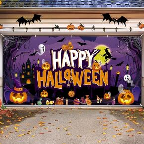 Halloween Garage Door Decoration, 13x6 Ft Halloween Garage Door Cover Banner Backdrop, Halloween Door Decorations Outdoor Photography for House Yard Wall Halloween Party Decor