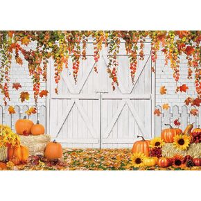 10x8ft Fall Thanksgiving Backdrop Autumn Rustic Wooden White Door Harvest Barn Pumpkin Maple Leaves Photography Background for Baby Shower Birthday Party Decorations Banner Photo Props