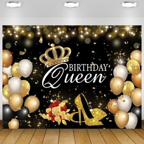 Black Gold Happy Birthday Queen Backdrop for Women 7x5Ft Glitter High Heels Balloons Flowers Birthday Photography Backdrop Birthday Queen Party Backdrop Decoration Cake Table Banner