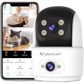 VSTARCAM Indoor Security Camera with Dual Lens, Baby & Pet Camera Monitor with HD Color Night Vision, Pan-Tilt, Motion Detection & Tracking, 2-Way Talk, APP Remote Control, 2.4G WiFi, Cloud/SD Storage
