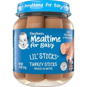 Gerber Mealtime for Baby Lil’ Sticks, Chicken Sticks, Packed in Water, No Nitrates or Nitrites Added, for Crawlers 10 Months & Up, 2.5 Ounce Jar (Pack of 10 Jars)