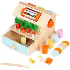 Wooden Montessori Toys for Babies,Object Permanence Box,Coin Box,Ball Drop Toy, Color & Shape Sorter Toys, Spinning Drum,Carrot Harvest,Learning Educational Toys Fine Motor Skills Gifts for Toddlers
