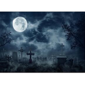 Yongqian 7x5ft Halloween Theme Photography Backdrop Scary Full Moon Night Gloomy Cemetery Halloween Backdrop Halloween Party Decoration Photo Studio Props