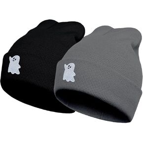 Ghost Beanie Hat Black, Cute Funny Goth Embroidery Winter Knit Skull Cap for Adult Men Women