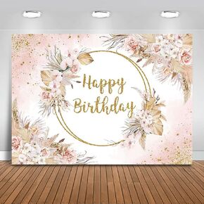 Mocsicka Boho Happy Birthday Backdrop Bohemian Pampas Grass Blush Birthday Party Decorations Photo Backdrops Boho Floral Girl Birthday Photography Background (7x5ft)