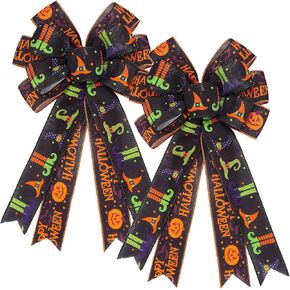 Lucleag 2Pcs Large Halloween Wreath Bow, 19.7 x 11.4In Pumpkin Bat Witch Hat Bow for Wreath Decoration, Wreath Bow for Indoor Outdoor Door Wall Windows Decoration Halloween Party Supplies Gifts