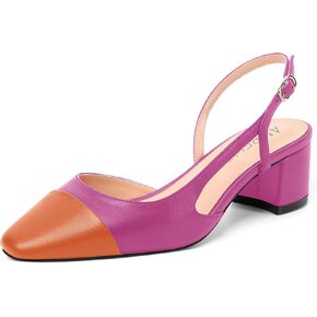 AMBELIGHT Womens Two Tone Buckle Matte Evening Square Toe Slingback Dress Chunky Low Heel Pumps Shoes 2 Inch