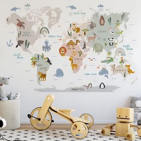 Animal World Map Wall Decals Jungle Animal Wall Stickers Forest Wild Animals Elephant Monkey Wall Art Vinyl DIY Removable Peel and Stick for Kids Boys Bedroom Nursery Classroom Home Decoration