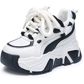 KCTRFSJ Women's Lace-up Chunky Platform Casual Sneakers,Fashion Round Toe Low Top Breathable Dad Shoes,Comfortable Non-Slip Height Increase Sport Shoes