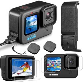 Hero 9/10/11/12 Screen Protector, Aluminum Alloy Removable Battery Case Cover for gopro 9/10/11 /12battery Door Cover, 2 * Gopro 9/10/11/12 Lens Caps + Lanyard