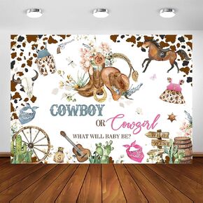 Avezano Gender Reveal Backdrop Cowboy or Cowgirl Gender Reveal Party Background Cow Print Western Rodeo Theme Gender Reveal Banner Cowgirl and Cowboy Gender Reveal Party Decorations (7x5ft)