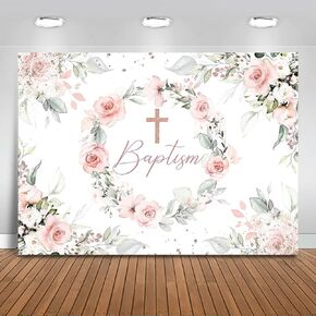 Mocsicka Baptism Baby Shower Backdrop for Girls Pink Floral Wreath Rose Gold Cross First Communion Baptism Decorations Greenery Leaves God Bless Ceremony Photography Background (7x5ft)