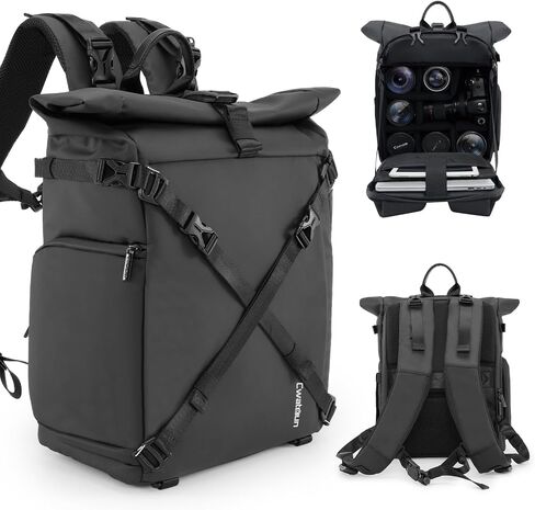 Cwatcun Waterproof Camera Backpack, Black Leather-coated Photography Travel Camera Bag Case with 4L Expansion Warehouse, Tripod and Drone Strap, 15.6" Laptop Compartment for Canon Nikon Sony SLR DSLR in Saudi Arabia