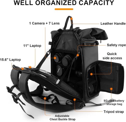 Cwatcun Waterproof Camera Backpack, Black Leather-coated Photography Travel Camera Bag Case with 4L Expansion Warehouse, Tripod and Drone Strap, 15.6" Laptop Compartment for Canon Nikon Sony SLR DSLR in Saudi Arabia