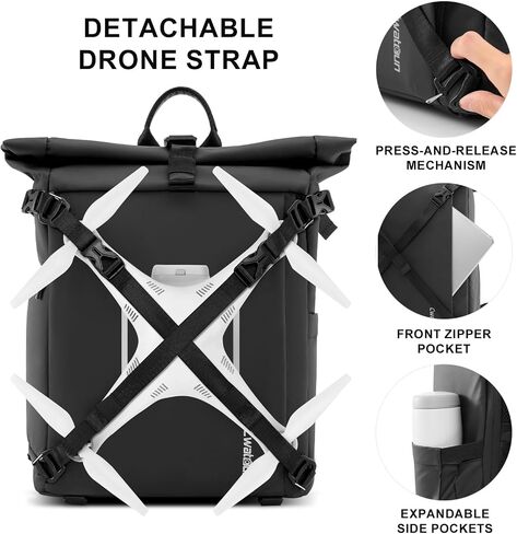 Cwatcun Waterproof Camera Backpack, Black Leather-coated Photography Travel Camera Bag Case with 4L Expansion Warehouse, Tripod and Drone Strap, 15.6" Laptop Compartment for Canon Nikon Sony SLR DSLR in Saudi Arabia
