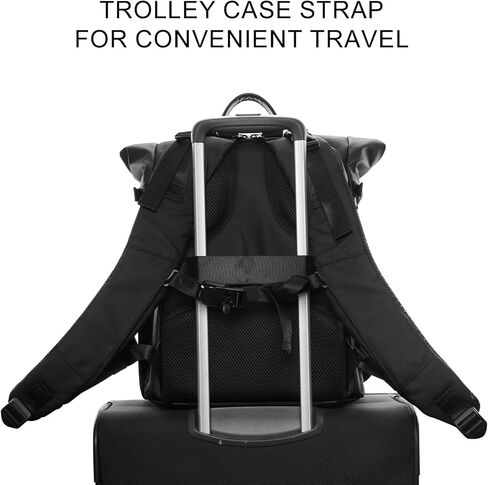 Cwatcun Waterproof Camera Backpack, Black Leather-coated Photography Travel Camera Bag Case with 4L Expansion Warehouse, Tripod and Drone Strap, 15.6" Laptop Compartment for Canon Nikon Sony SLR DSLR in Saudi Arabia