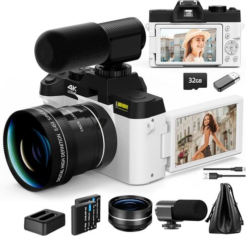 كاميرات Mo الرقمية للتصوير الفوتوغرافي والفيديو بدقة 4K، كاميرا تسجيل فيديو بدقة 48 ميجابكسل لليوتيوب مع شاشة قلاب 180 درجة، تكبير رقمي 16X، فلاش وتركيز تلقائي، زاوية واسعة 52 مم وعدسة ماكرو، بطاريتان، بطاقة SD سعة 32 جيجابايت (أسود) in Kuwait