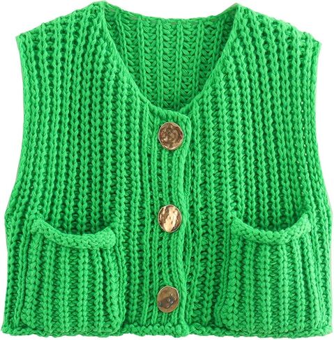 Womens Button Down Crop Sweater Vest Sleeveless Cable Knit Cropped Cardigan with Pockets(Beige-S) in Saudi Arabia