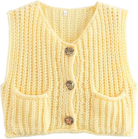 Womens Button Down Crop Sweater Vest Sleeveless Cable Knit Cropped Cardigan with Pockets(Beige-S) in Saudi Arabia