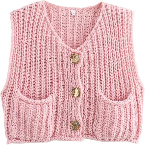 Womens Button Down Crop Sweater Vest Sleeveless Cable Knit Cropped Cardigan with Pockets(Beige-S) in Saudi Arabia