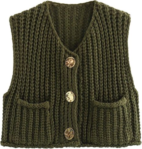 Womens Button Down Crop Sweater Vest Sleeveless Cable Knit Cropped Cardigan with Pockets(Beige-S) in Saudi Arabia