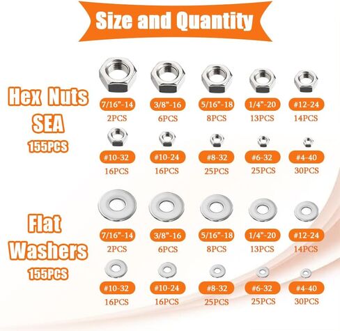 Dianrui 310PCS SEA Hex Nuts Assortment Kit with Flat Washers, 10 Size Hexnut and Flat Washer Set Hardware Hex nut #4-40,#6-32,#8-32,#10-24,#10-32,#12-24,1/4''-20,5/16''-18, 3/8''-16,1/2''-13 in Saudi Arabia