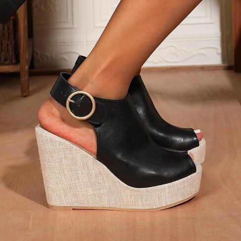 Women's Round Peep Toe Platform Wedge Sandals Espadrille 4.5 Inch High Heel Ankle Strap Slingback Wedges Shoes for Women Comfy Dress Summer Sandals Casual Beach in Saudi Arabia