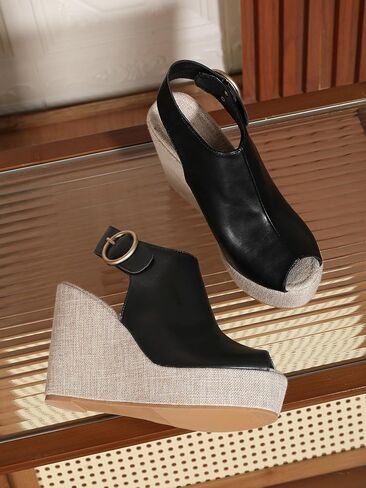 Women's Round Peep Toe Platform Wedge Sandals Espadrille 4.5 Inch High Heel Ankle Strap Slingback Wedges Shoes for Women Comfy Dress Summer Sandals Casual Beach in Saudi Arabia