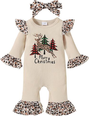 Infant Baby Girl Onesie Romper Clothes Merry Christmas Long Sleeve Jumpsuit Newborn First Christmas One Piece Outfit in Kuwait