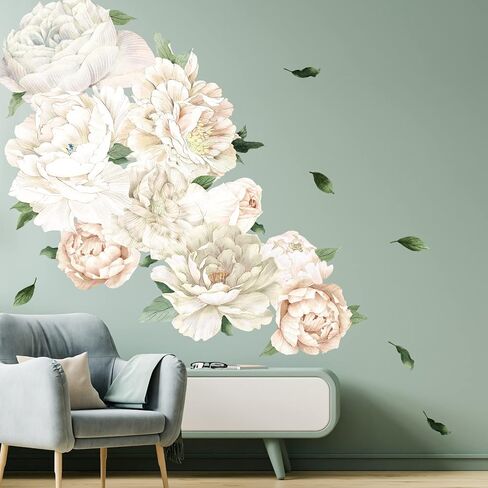 White Peony Wall Decals for Girls Bedroom Vinyl Flower Wall Decals Peel and Stick Floral Wall Stickers for Kids Room Baby Nursery in Kuwait